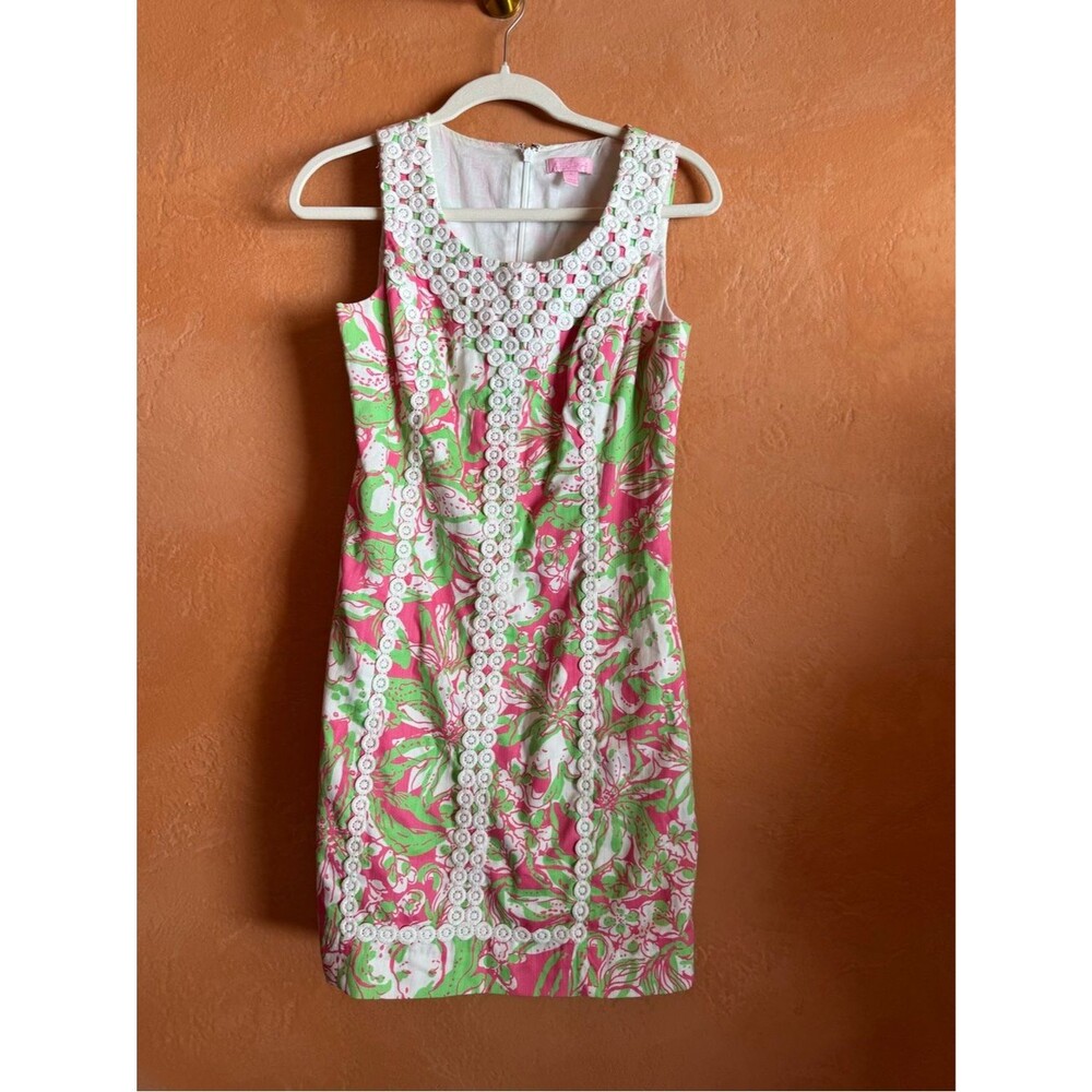 Lilly Pulitzer Cotton Shift Dress Lace Trim Pink Green Size 4
